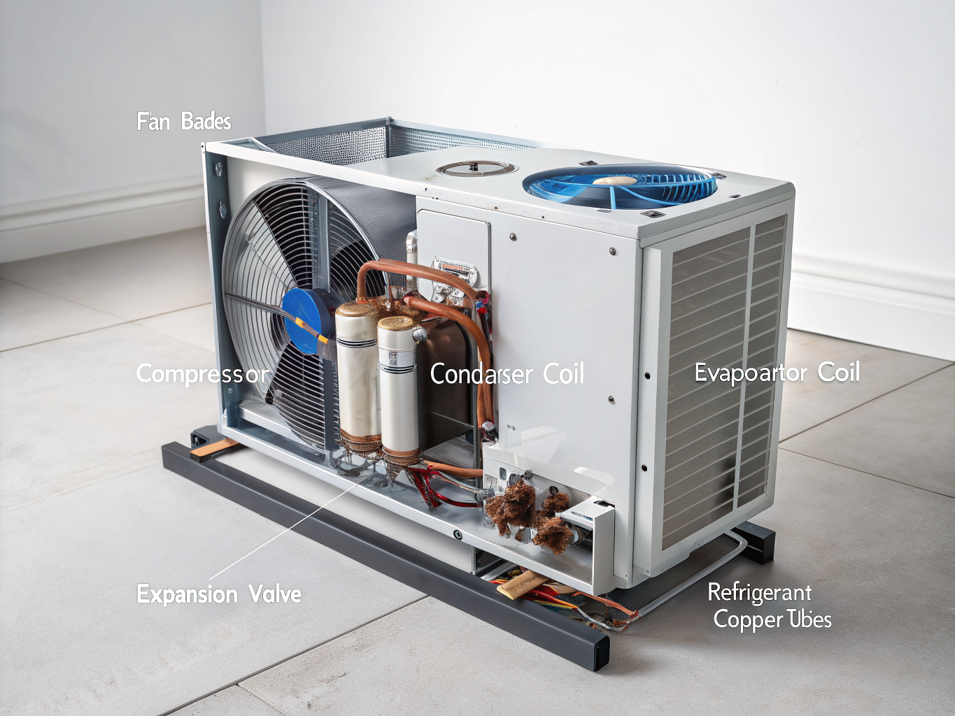 Exploded view render of a commercial VRF outdoor unit